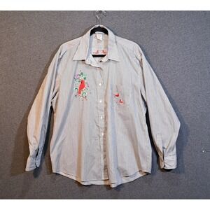 LA SOLAS Cardinal Bird Embroidered Stripe Button Down Shirt Women XL Long Sleeve